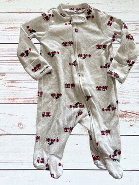 Carter's 3 Month Red Train & Christmas Tree Zip Up Footie With Fold Over Mittens
